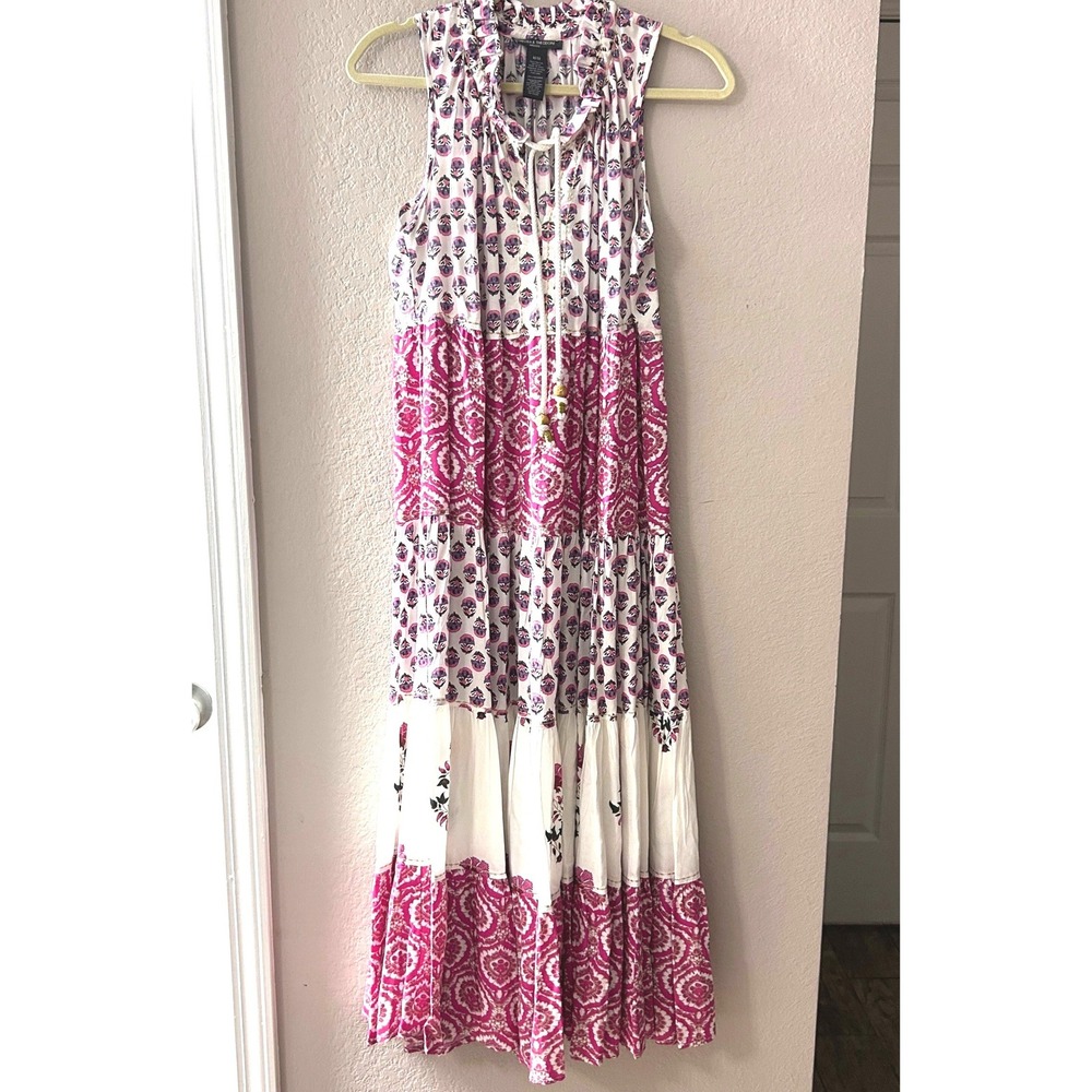 Chelsea & Theodore Pink White Floral Tiered Maxi Dress Boho Sleeveless Medium